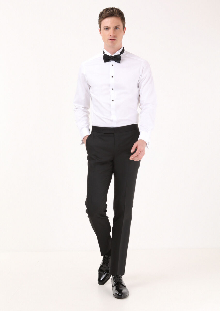 White Plain Slim Fit Double Cuff Wing Collar Tuxedo Shirts - 3