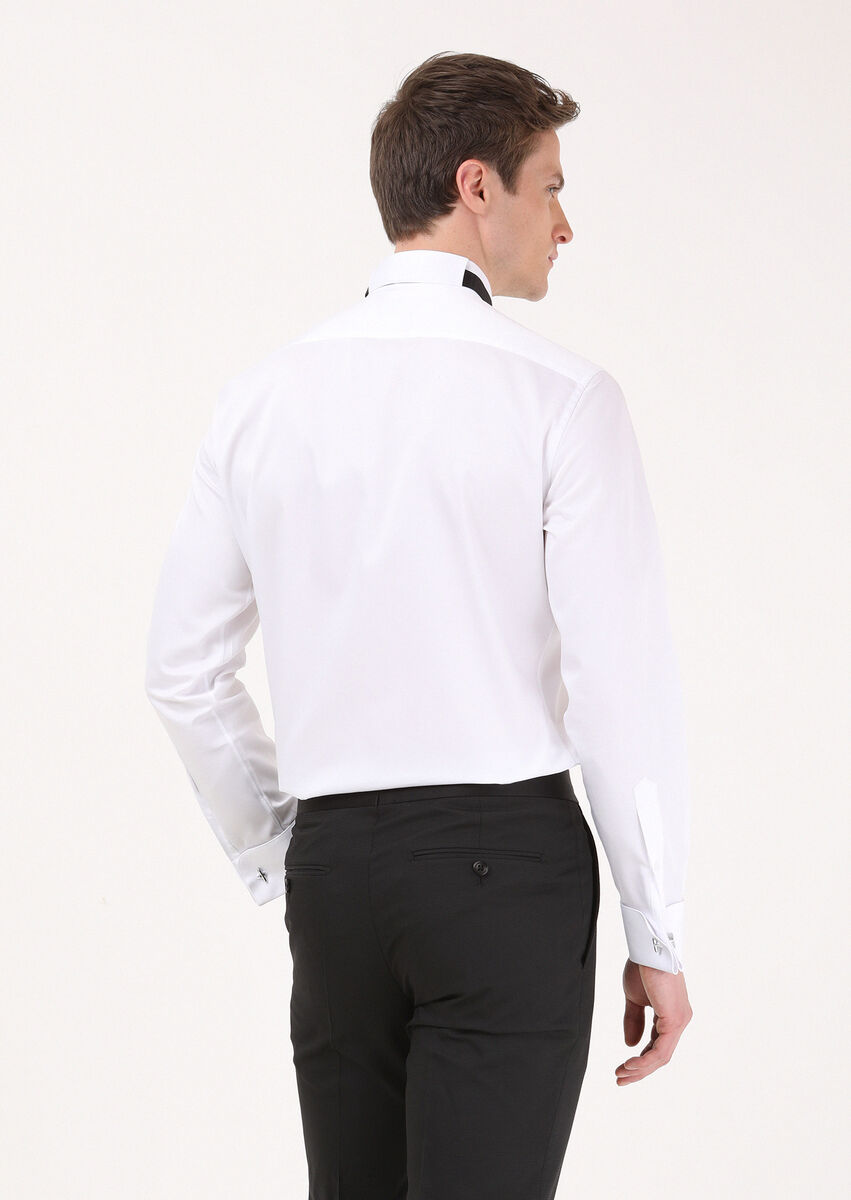 White Plain Slim Fit Double Cuff Wing Collar Tuxedo Shirts - 4