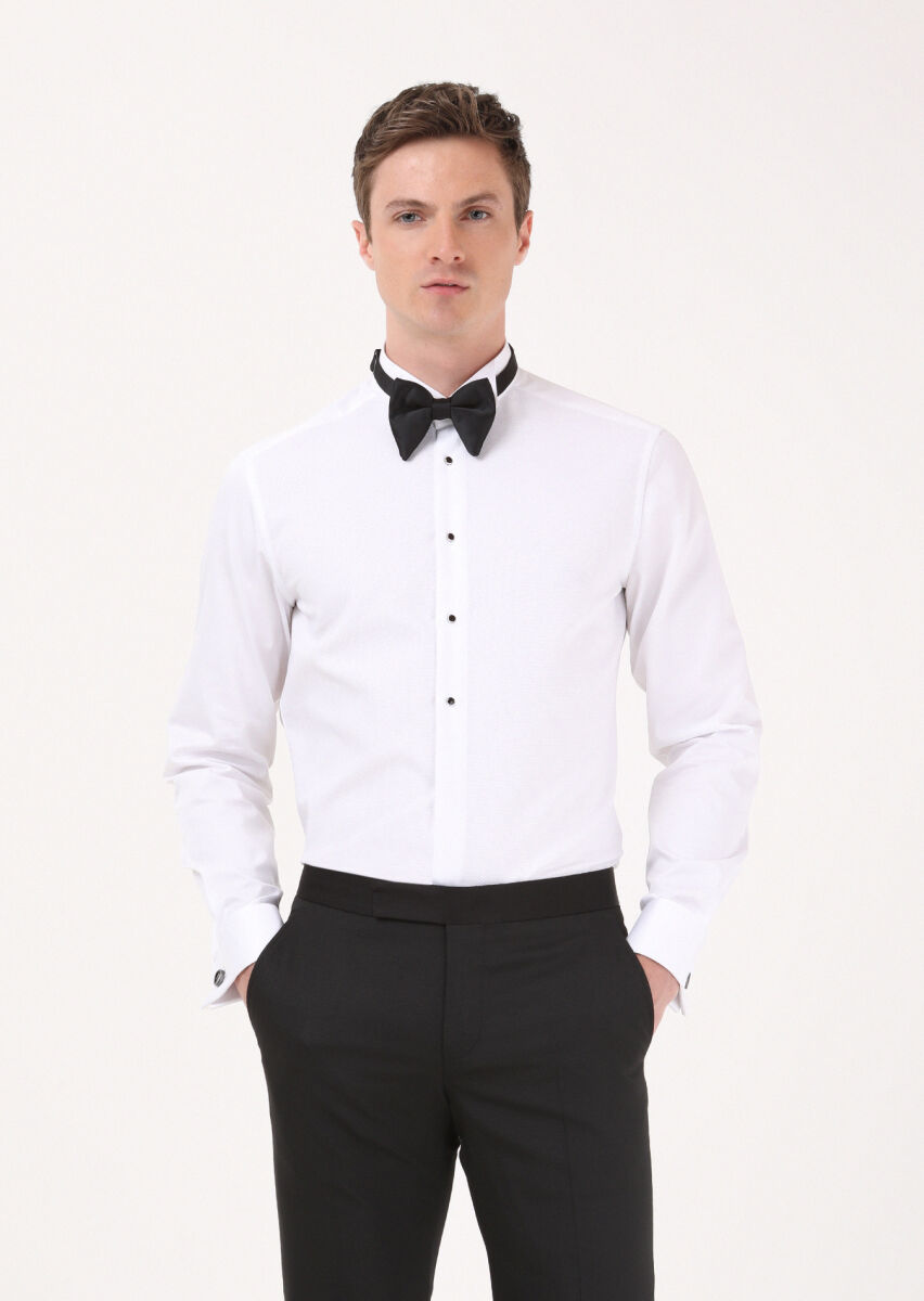 White Plain Slim Fit Double Cuff Wing Collar Tuxedo Shirts - 1