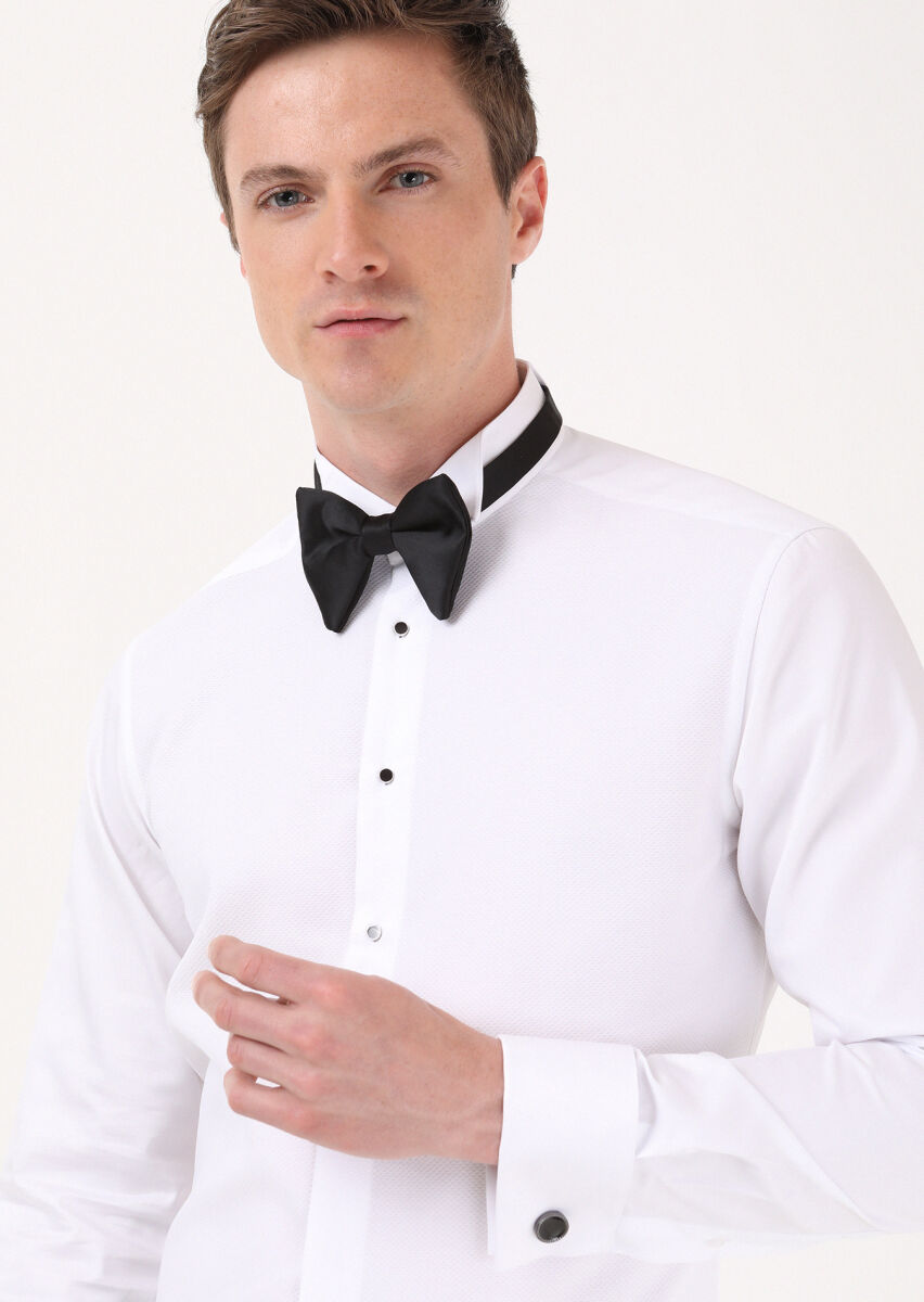 White Plain Slim Fit Double Cuff Wing Collar Tuxedo Shirts - 2