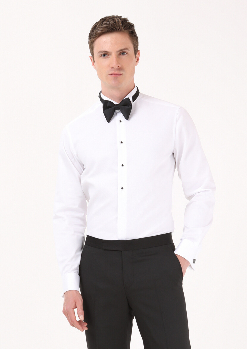 White Plain Slim Fit Double Cuff Wing Collar Tuxedo Shirts - 3