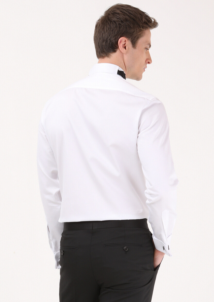 White Plain Slim Fit Double Cuff Wing Collar Tuxedo Shirts - 4