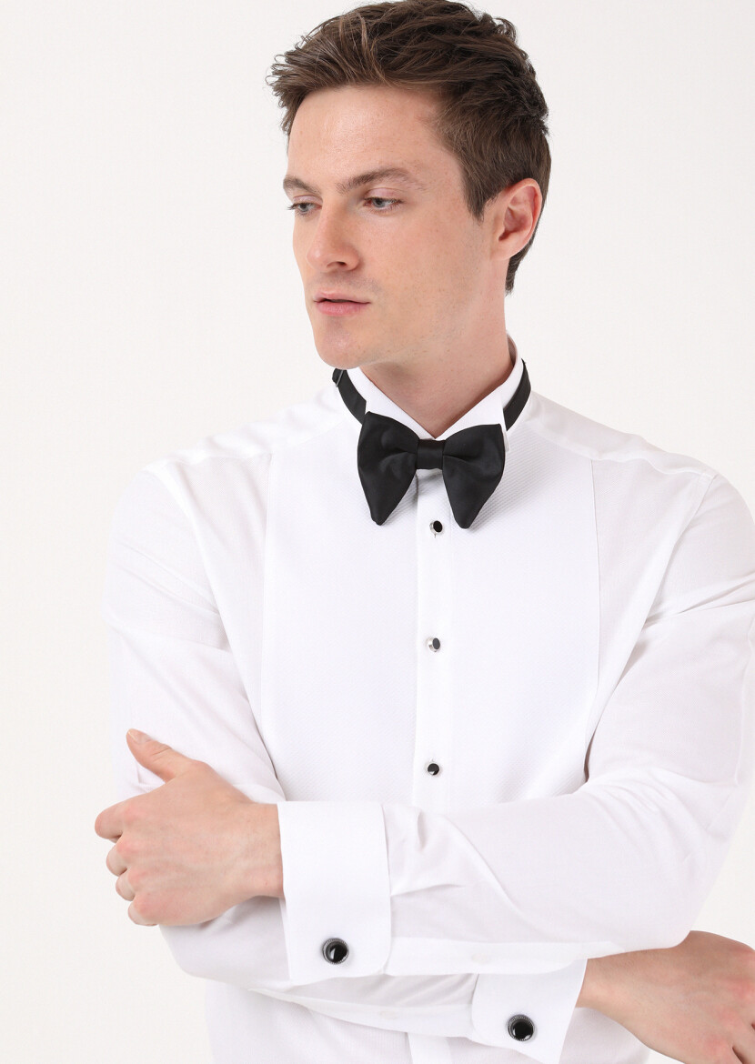 White Plain Slim Fit Double Cuff Wing Collar Tuxedo Shirts - 3