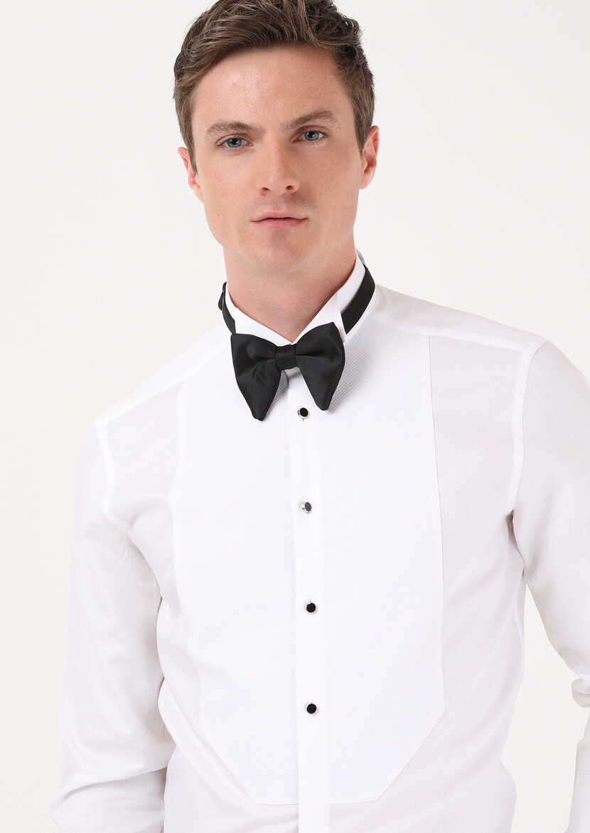 White Plain Slim Fit Double Cuff Wing Collar Tuxedo Shirts - 1