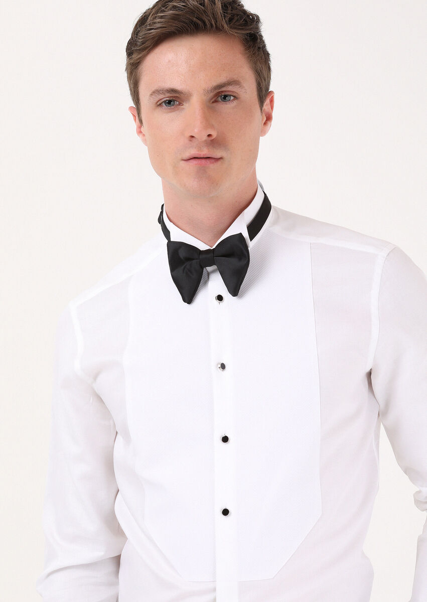 White Plain Slim Fit Double Cuff Wing Collar Tuxedo Shirts - 1