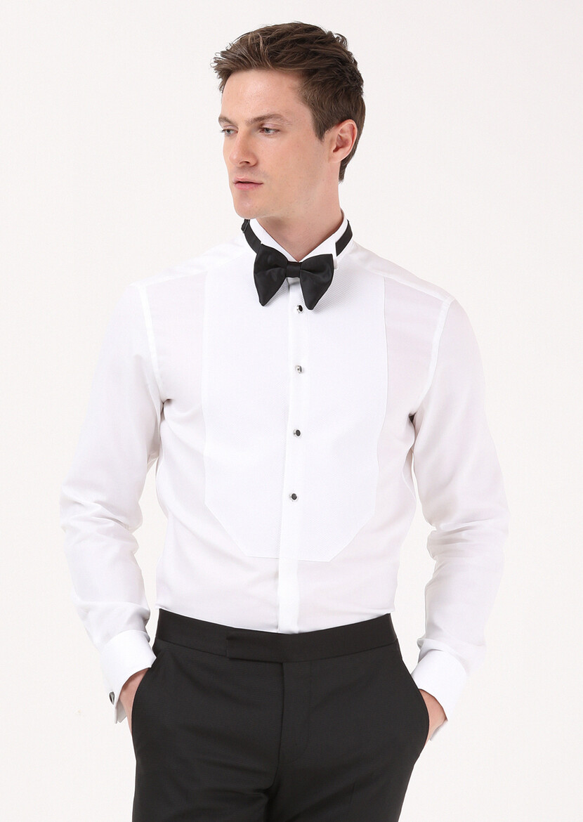 White Plain Slim Fit Double Cuff Wing Collar Tuxedo Shirts - 2