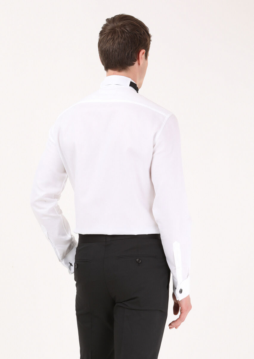 White Plain Slim Fit Double Cuff Wing Collar Tuxedo Shirts - 4