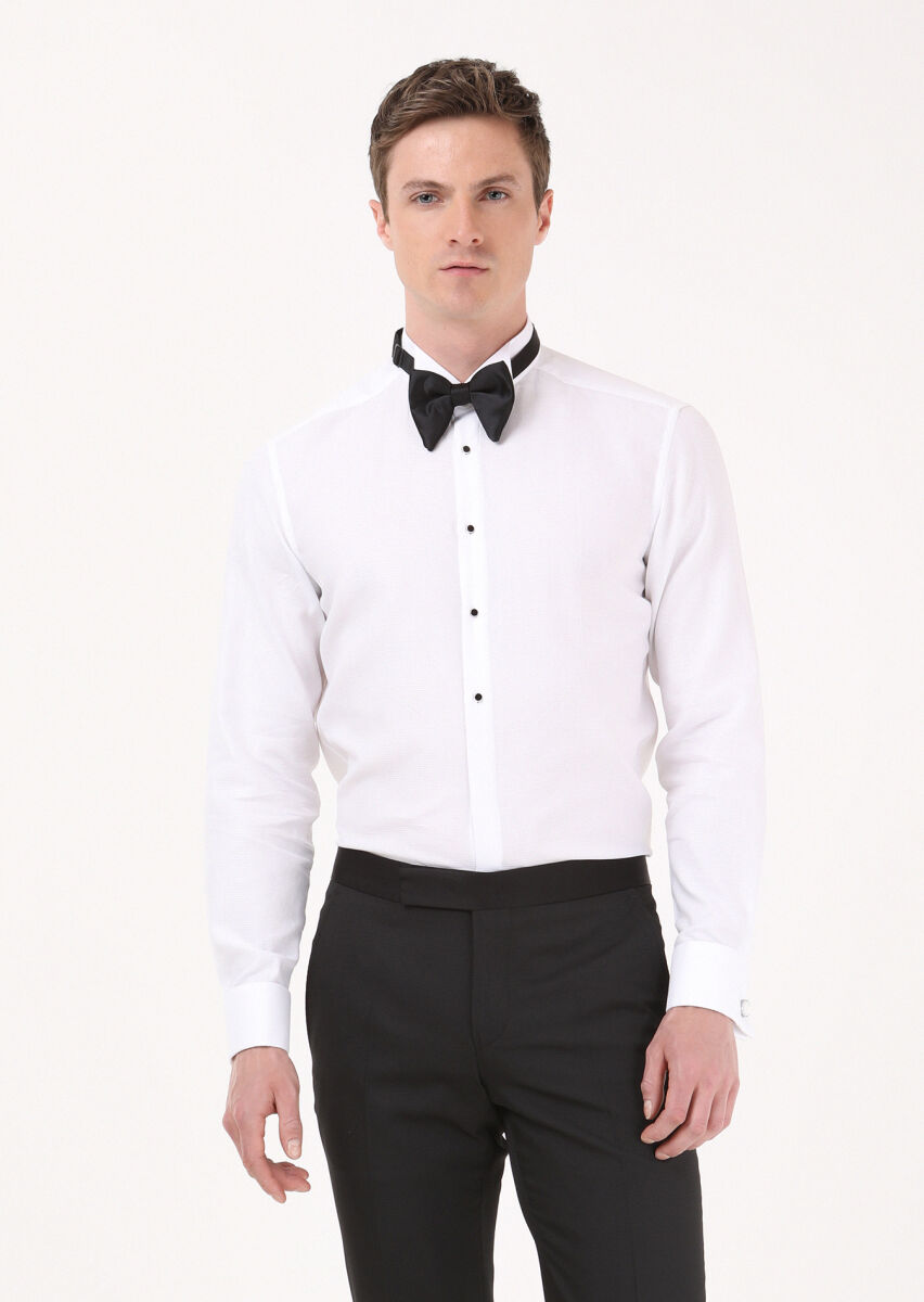 White Plain Slim Fit Double Cuff Wing Collar Tuxedo Shirts - 2