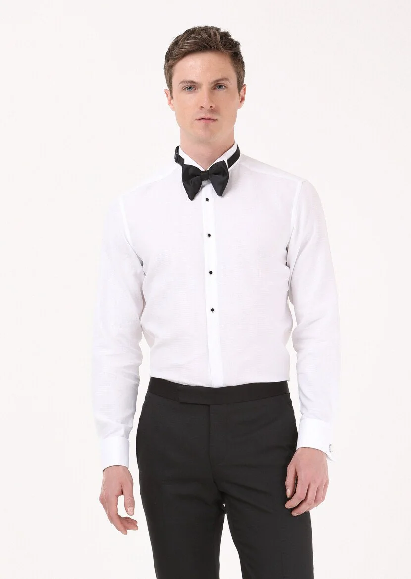 White Plain Slim Fit Double Cuff Wing Collar Tuxedo Shirts - 2