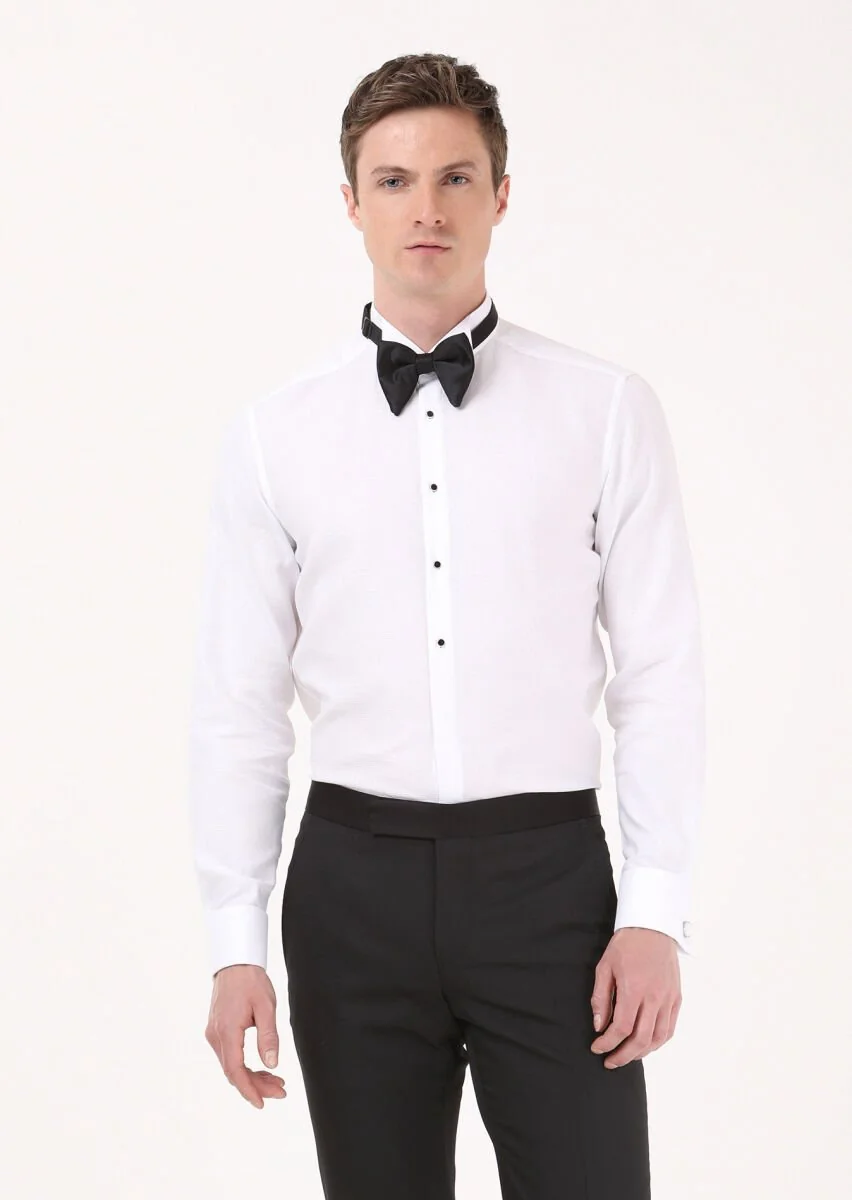 White Plain Slim Fit Double Cuff Wing Collar Tuxedo Shirts - 2
