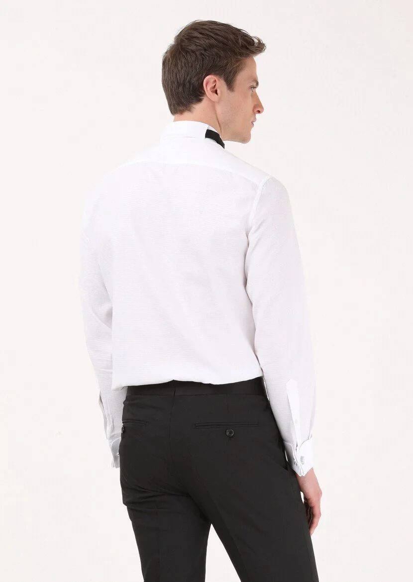 White Plain Slim Fit Double Cuff Wing Collar Tuxedo Shirts - 4