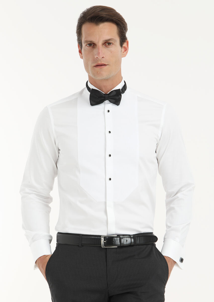 White Plain Slim Fit Double Cuff Wing Collar Tuxedo Shirts - 2