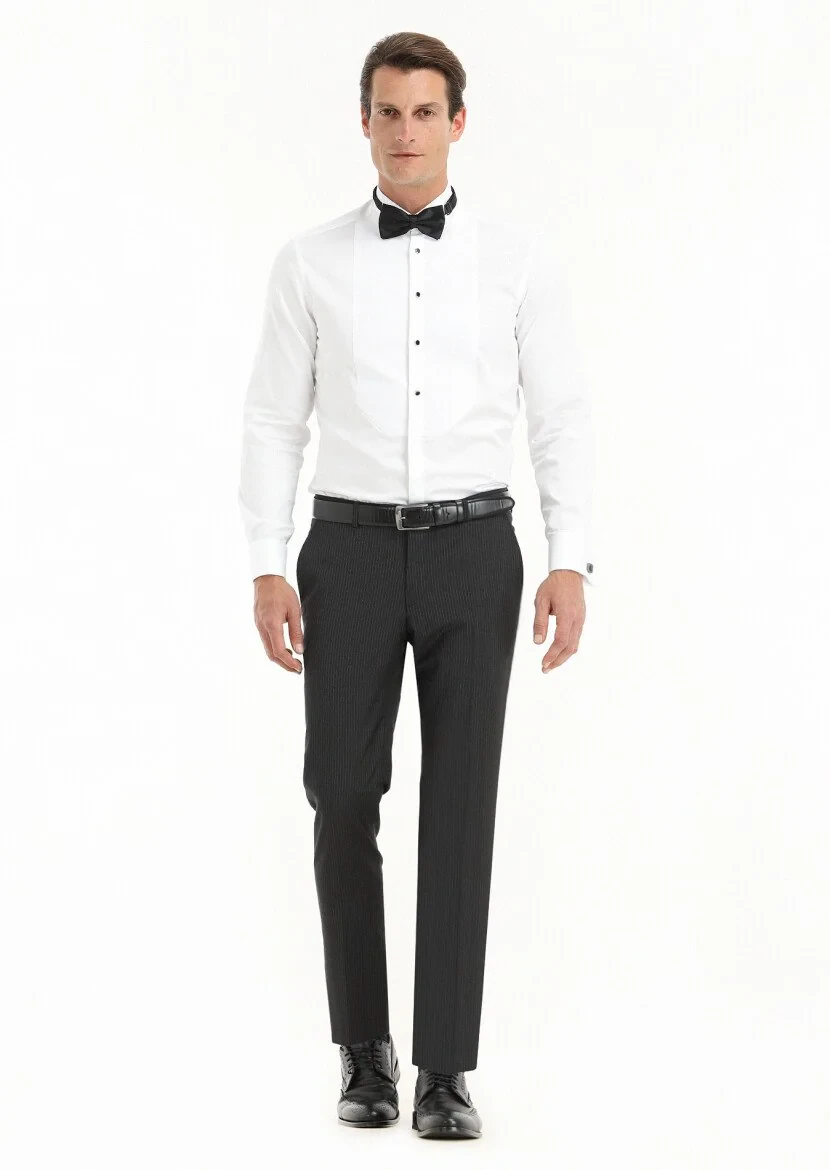 White Plain Slim Fit Double Cuff Wing Collar Tuxedo Shirts - 1