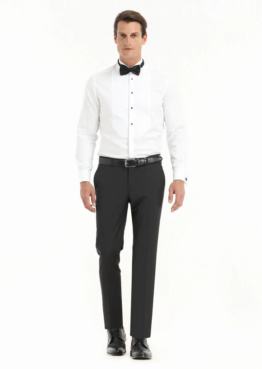 White Plain Slim Fit Double Cuff Wing Collar Tuxedo Shirts - 1