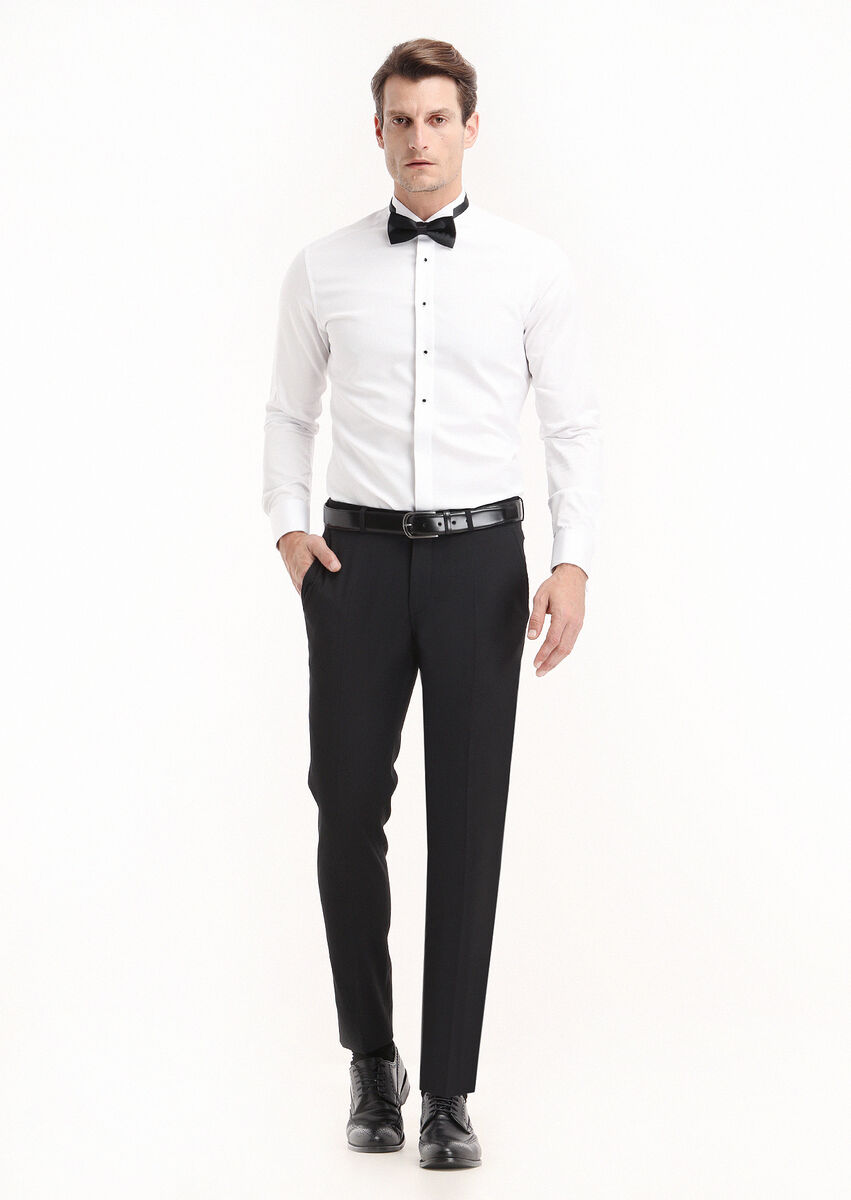 White Plain Slim Fit Double Cuff Wing Collar Tuxedo Shirts - 1