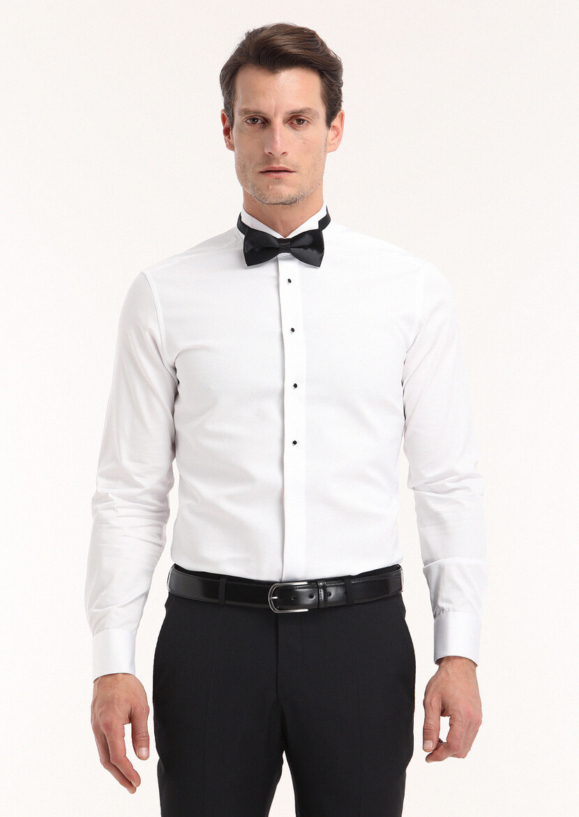 White Plain Slim Fit Double Cuff Wing Collar Tuxedo Shirts - 2