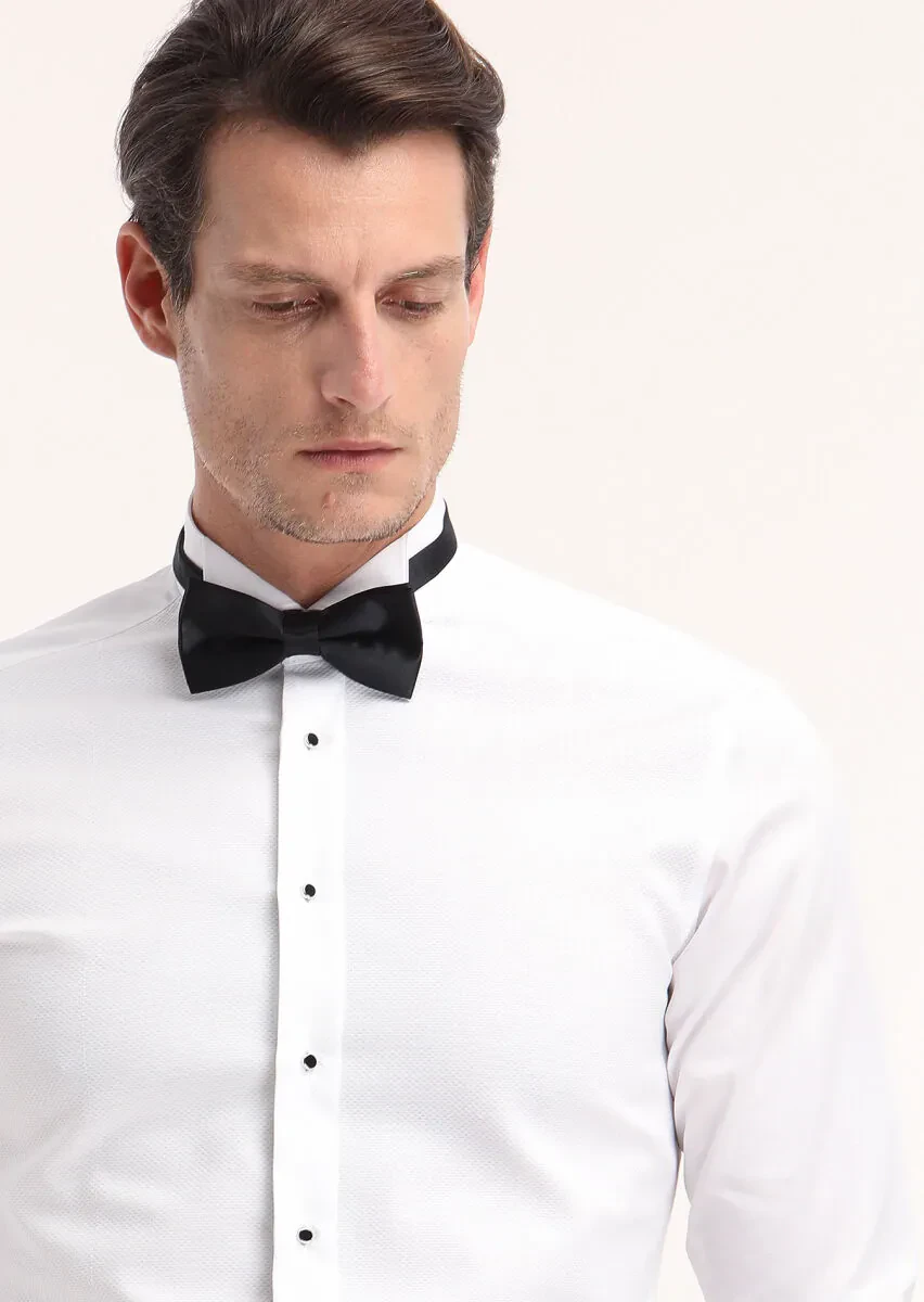 White Plain Slim Fit Double Cuff Wing Collar Tuxedo Shirts - 3