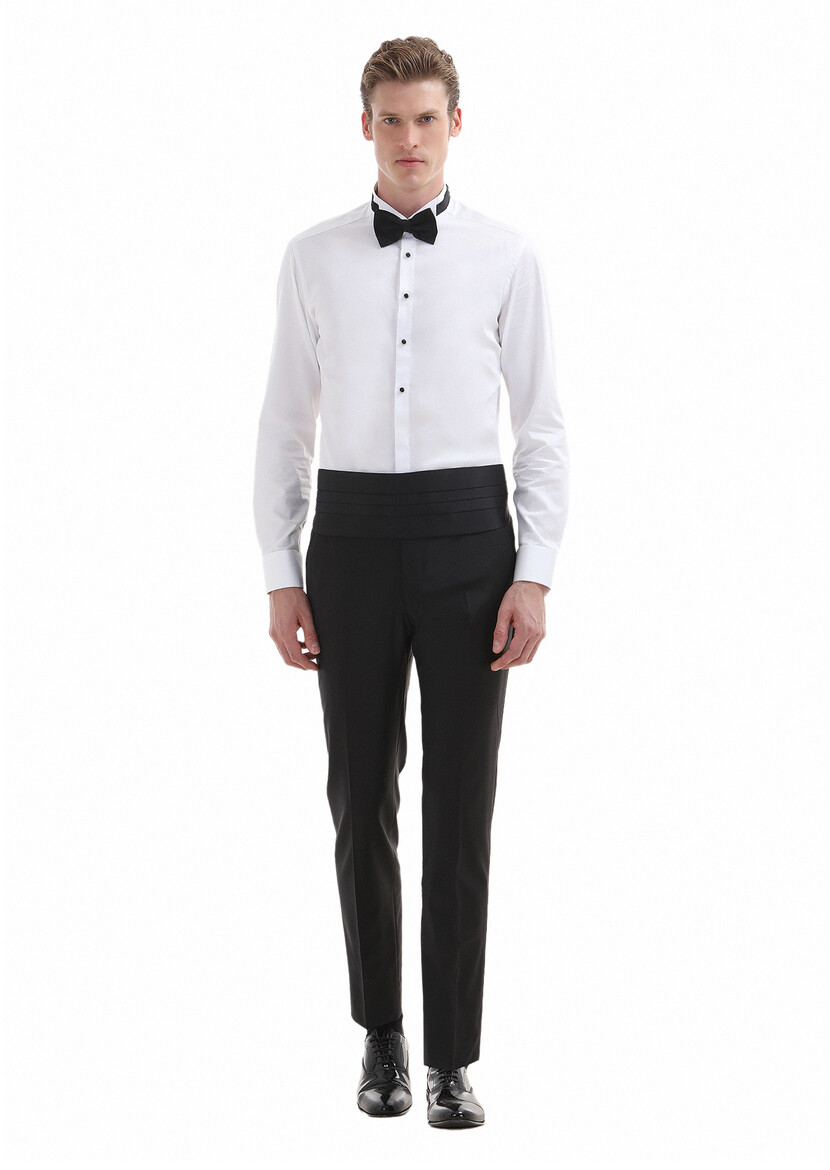 White Plain Slim Fit Double Cuff Wing Collar Tuxedo Shirts - 1