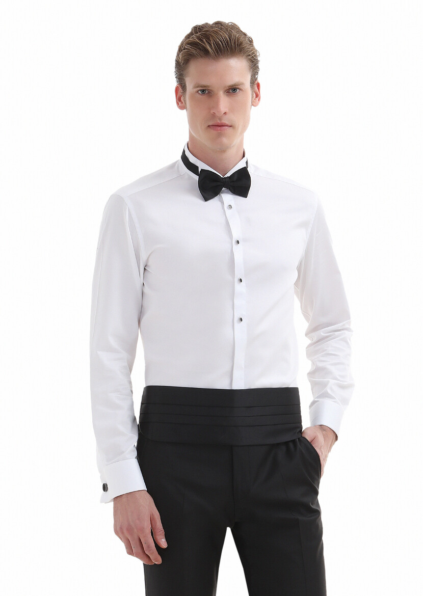 White Plain Slim Fit Double Cuff Wing Collar Tuxedo Shirts - 2