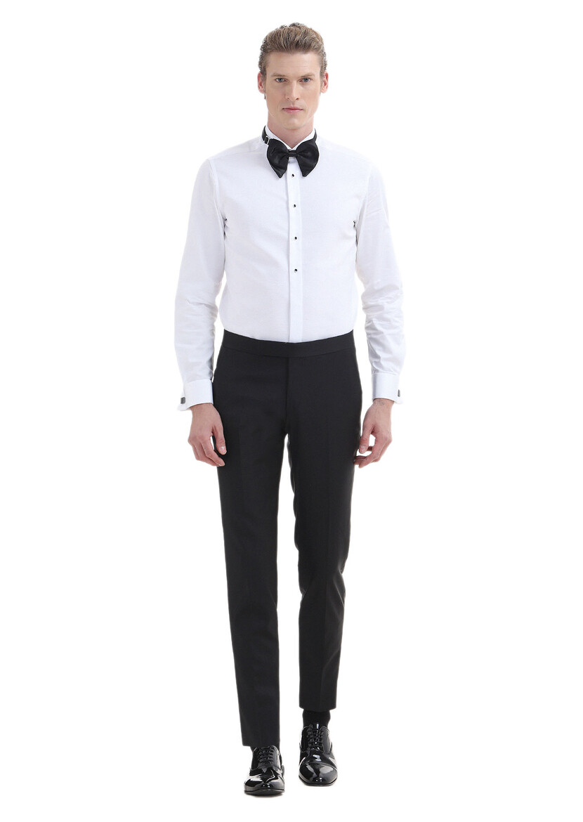 White Plain Slim Fit Double Cuff Wing Collar Tuxedo Shirts - 1