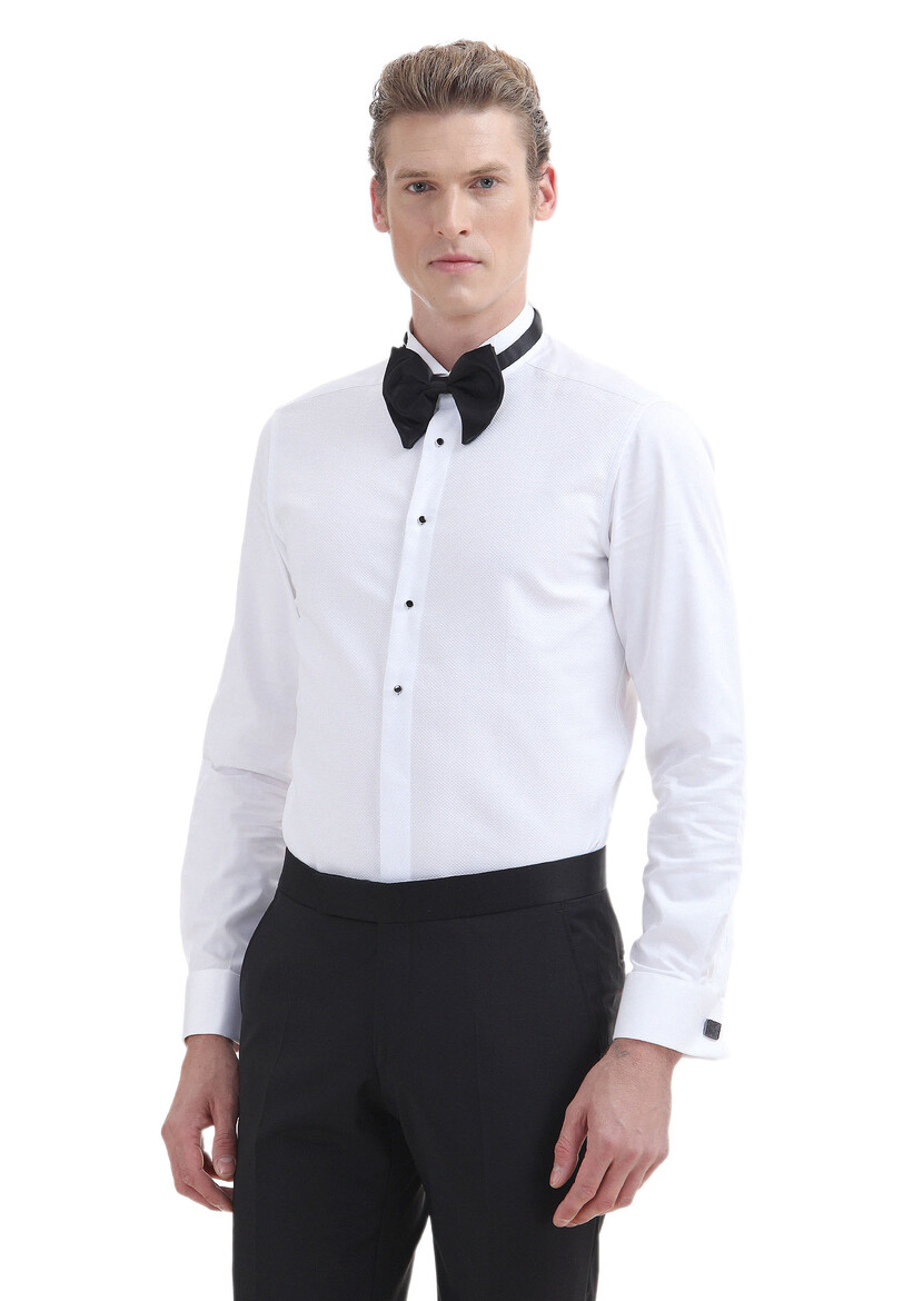 White Plain Slim Fit Double Cuff Wing Collar Tuxedo Shirts - 2