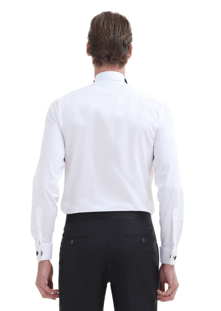 White Plain Slim Fit Double Cuff Wing Collar Tuxedo Shirts - 5