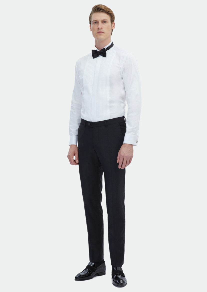 White Plain Slim Fit Double Cuff Wing Collar Tuxedo Shirts - 2