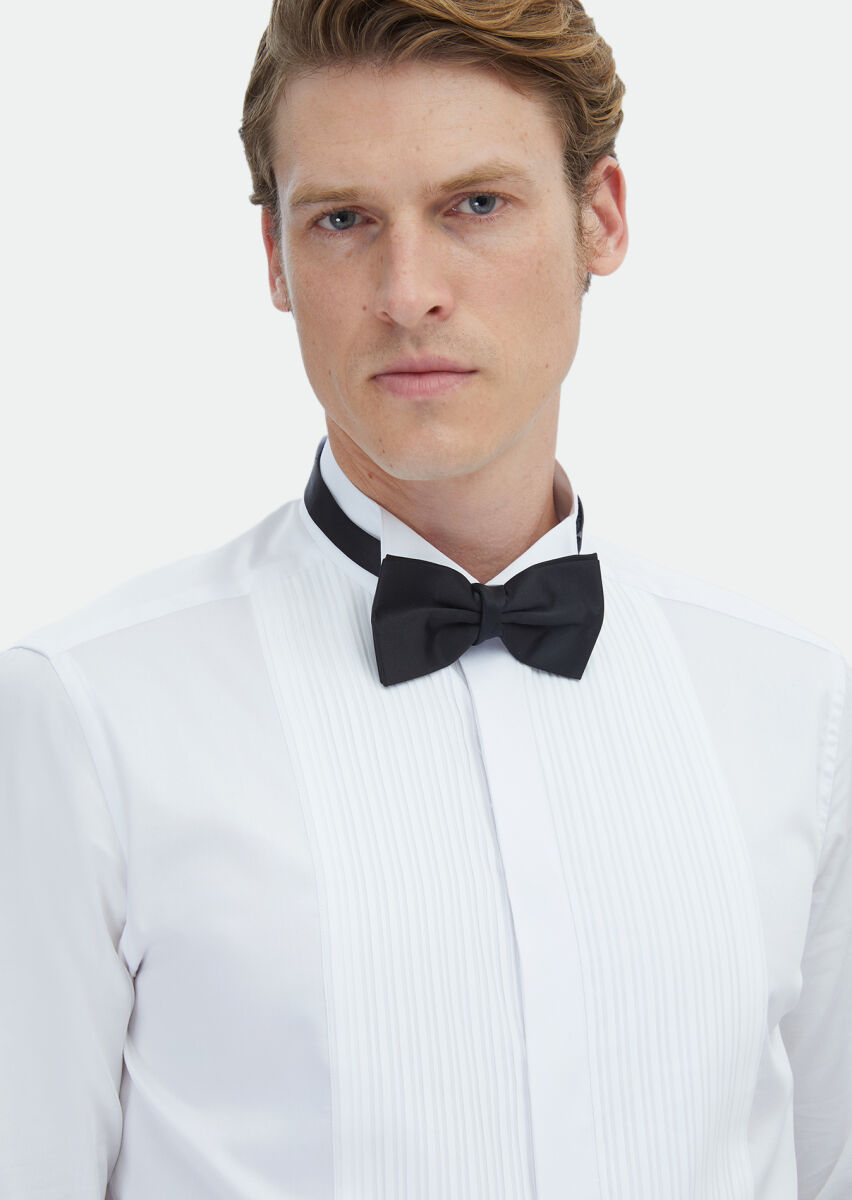 White Plain Slim Fit Double Cuff Wing Collar Tuxedo Shirts - 3