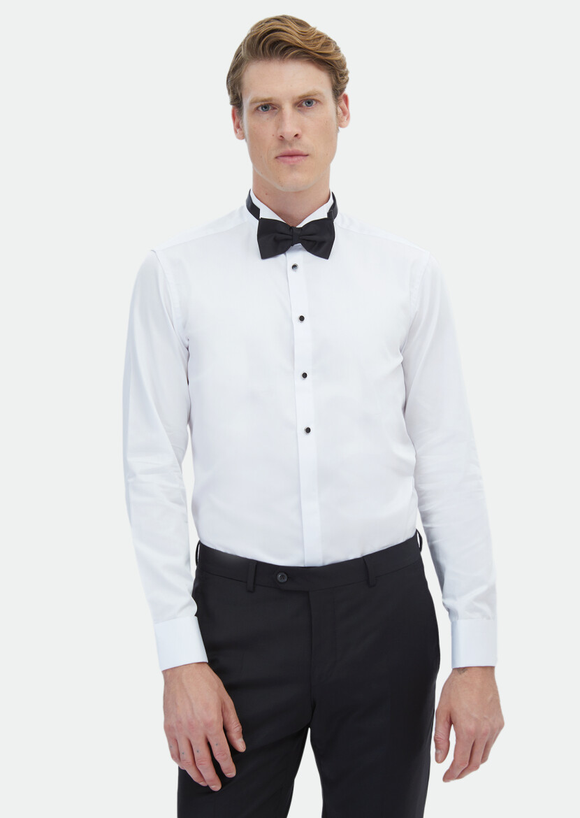 White Plain Slim Fit Double Cuff Wing Collar Tuxedo Shirts - 1