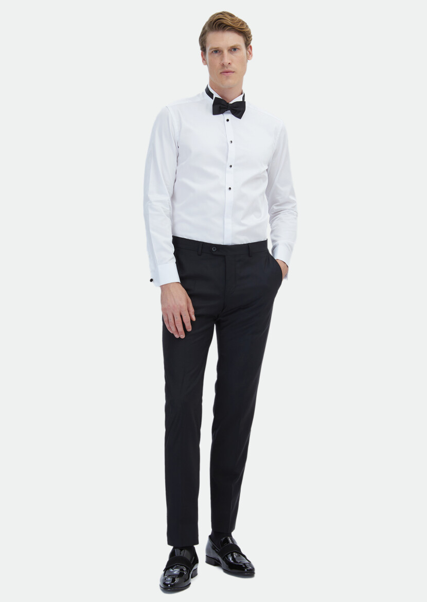 White Plain Slim Fit Double Cuff Wing Collar Tuxedo Shirts - 2