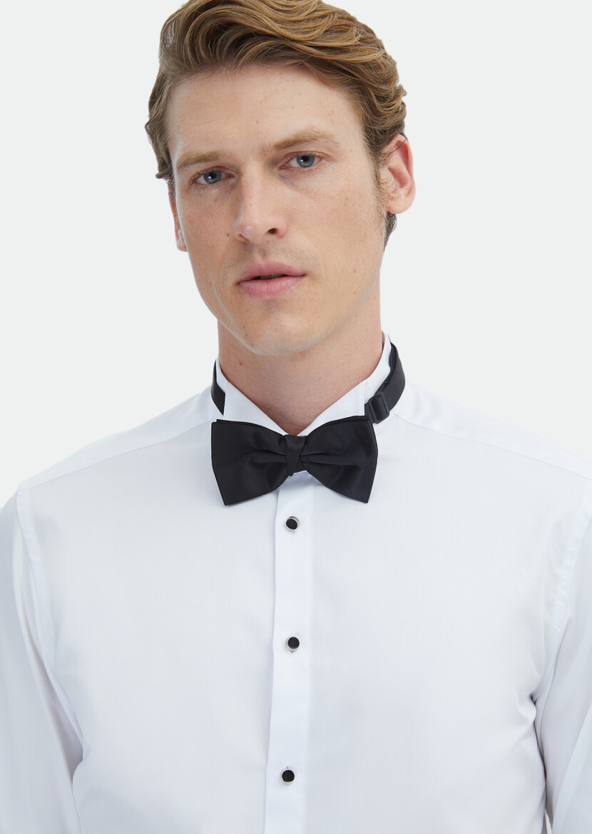 White Plain Slim Fit Double Cuff Wing Collar Tuxedo Shirts - 3