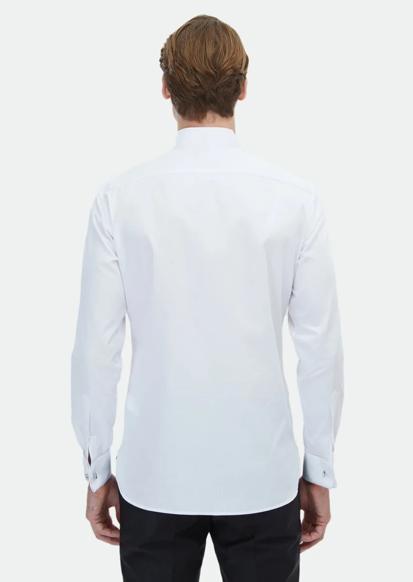 White Plain Slim Fit Double Cuff Wing Collar Tuxedo Shirts - 4