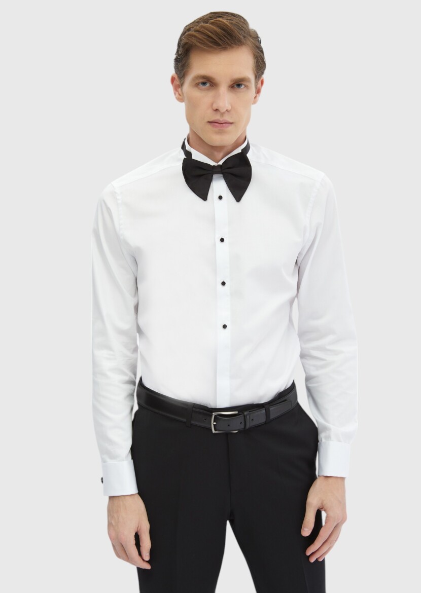 White Plain Slim Fit Double Cuff Wing Collar Tuxedo Shirts - 1