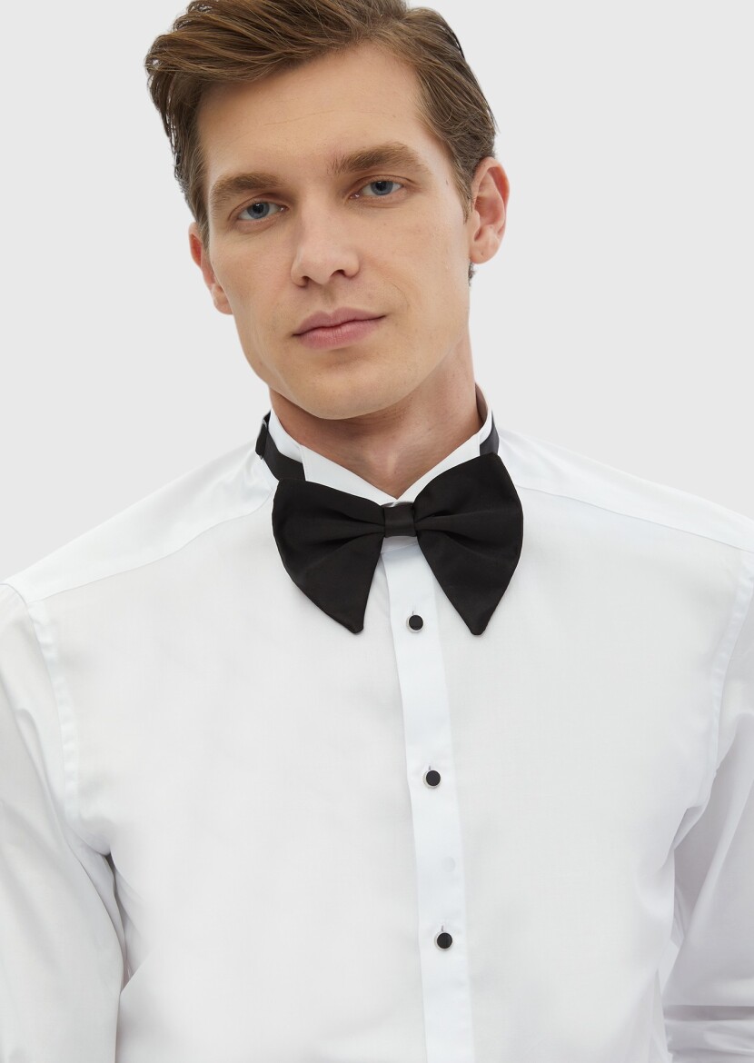 White Plain Slim Fit Double Cuff Wing Collar Tuxedo Shirts - 3