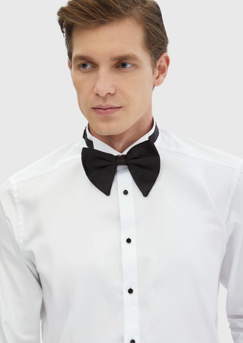 White Plain Slim Fit Double Cuff Wing Collar Tuxedo Shirts - 4