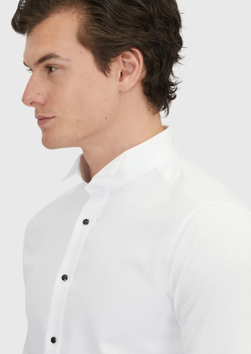 White Plain Slim Fit Double Cuff Wing Collar Tuxedo Shirts - 4