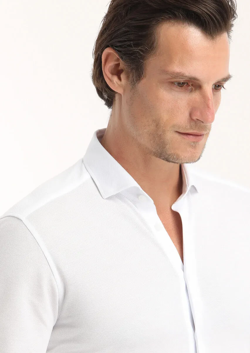 White Plain Slim Fit Knitting Casual 100% Cotton Shirt - 3