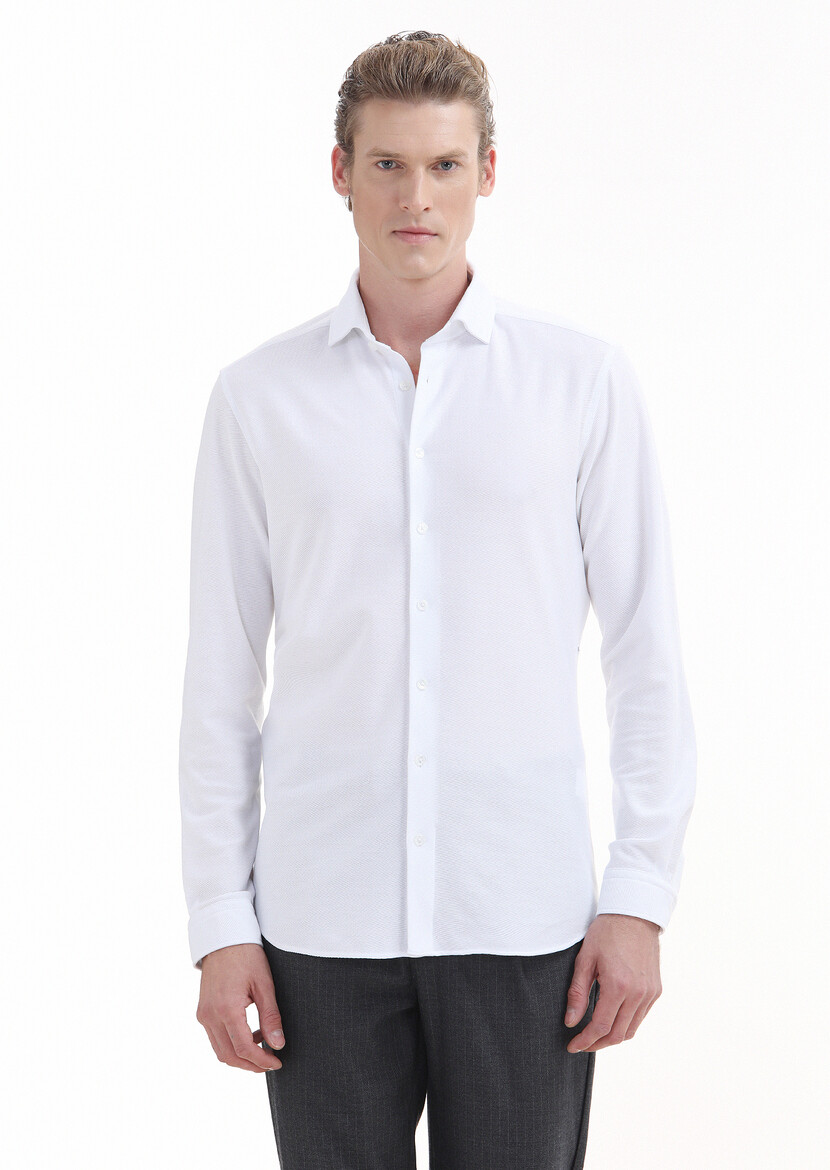 White Plain Slim Fit Knitting Casual 100% Cotton Shirt 