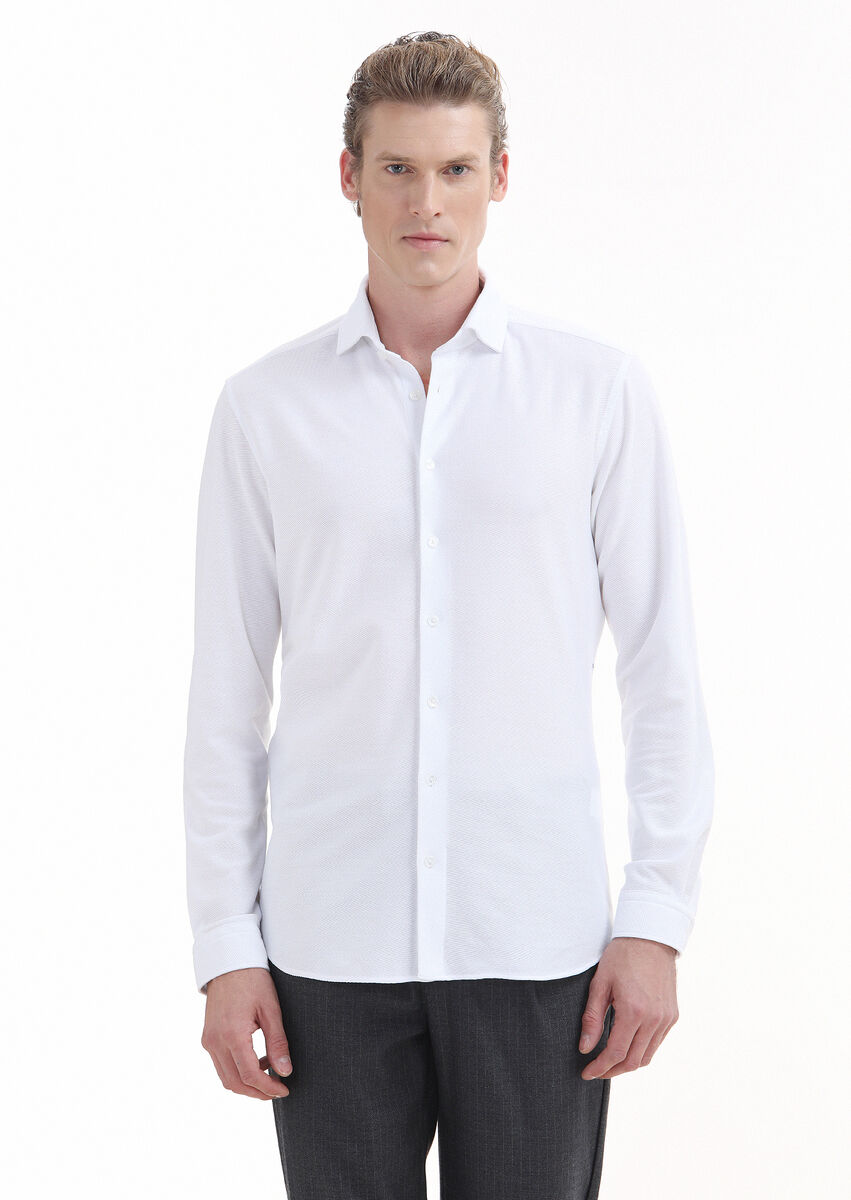 White Plain Slim Fit Knitting Casual 100% Cotton Shirt - 1