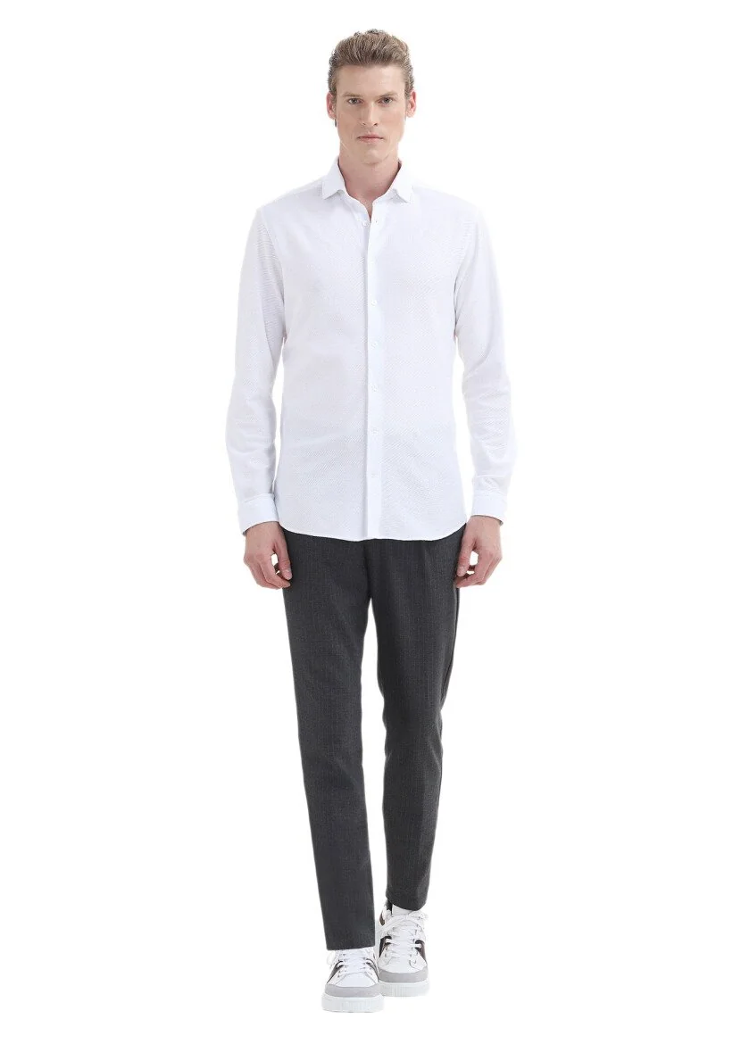 White Plain Slim Fit Knitting Casual 100% Cotton Shirt 