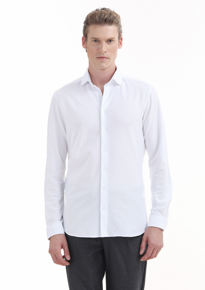 White Plain Slim Fit Long Knitting Casual 100% Cotton Shirt - 1