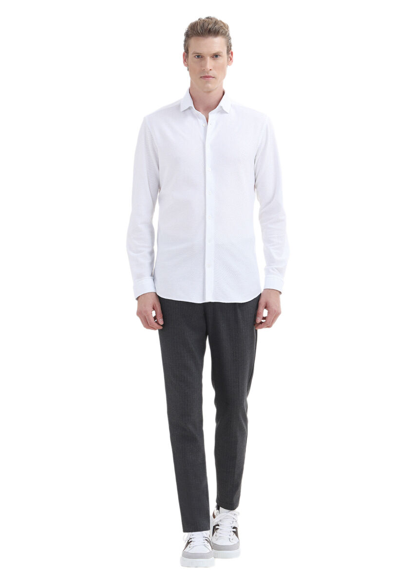 White Plain Slim Fit Long Knitting Casual 100% Cotton Shirt - 2