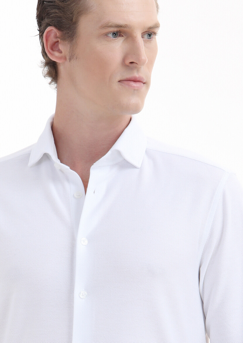 White Plain Slim Fit Long Knitting Casual 100% Cotton Shirt - 4