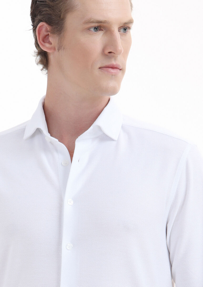 White Plain Slim Fit Long Knitting Casual 100% Cotton Shirt - 4