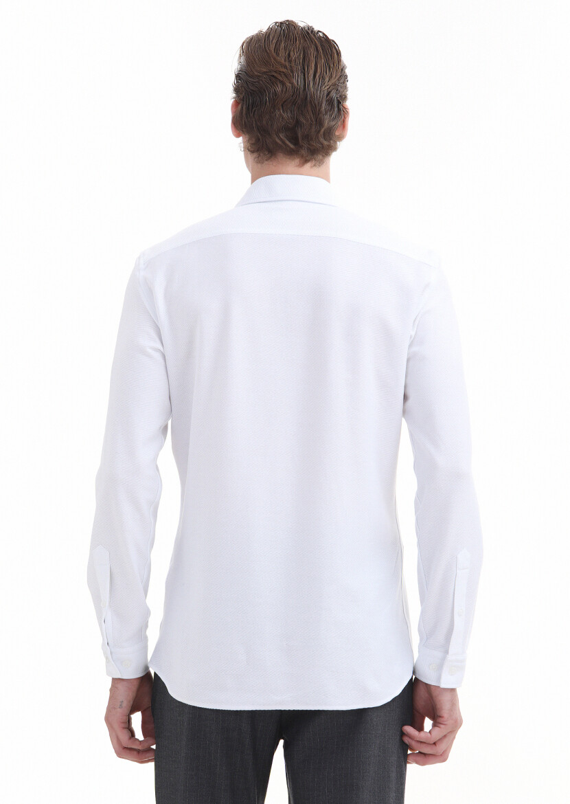 White Plain Slim Fit Long Knitting Casual 100% Cotton Shirt - 5