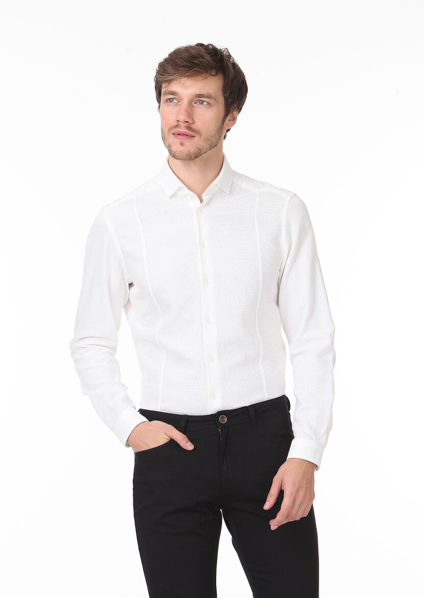 White Plain Slim Fit Long Weaving Casual 100% Cotton Shirt - 1