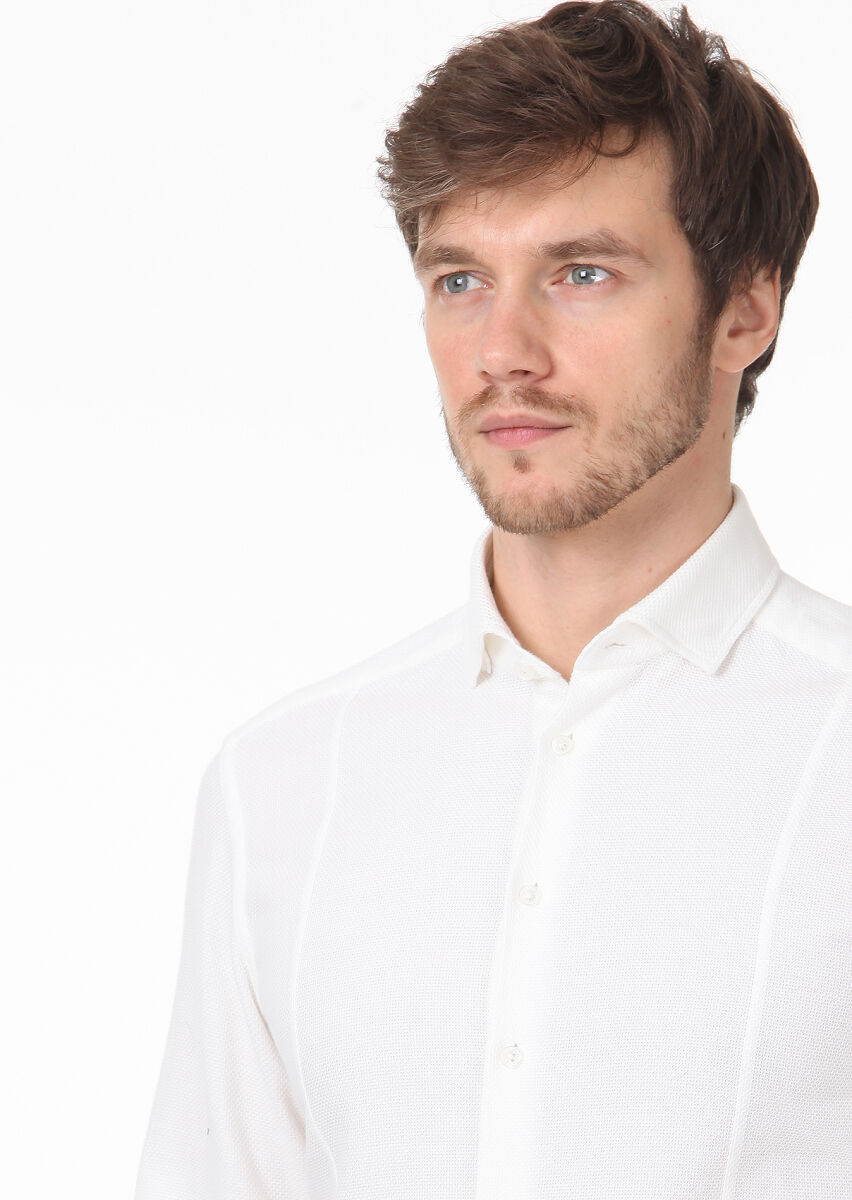 White Plain Slim Fit Long Weaving Casual 100% Cotton Shirt - 2