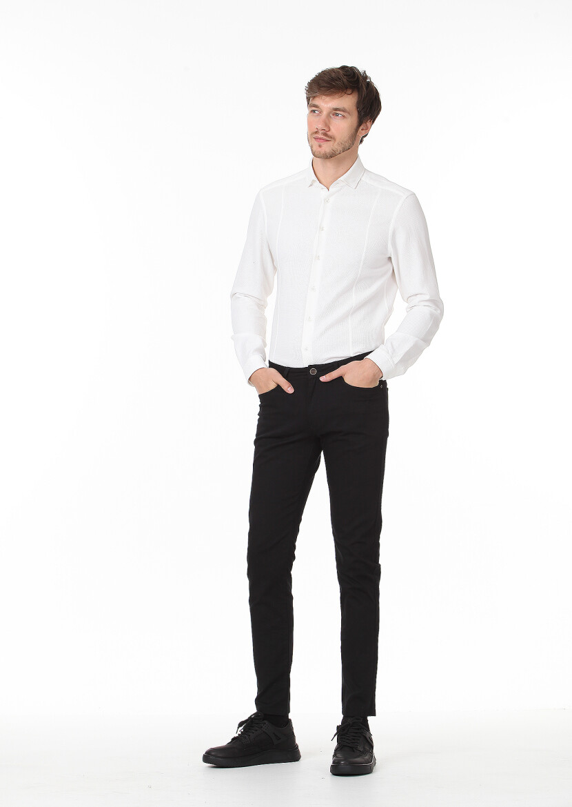 White Plain Slim Fit Long Weaving Casual 100% Cotton Shirt - 3
