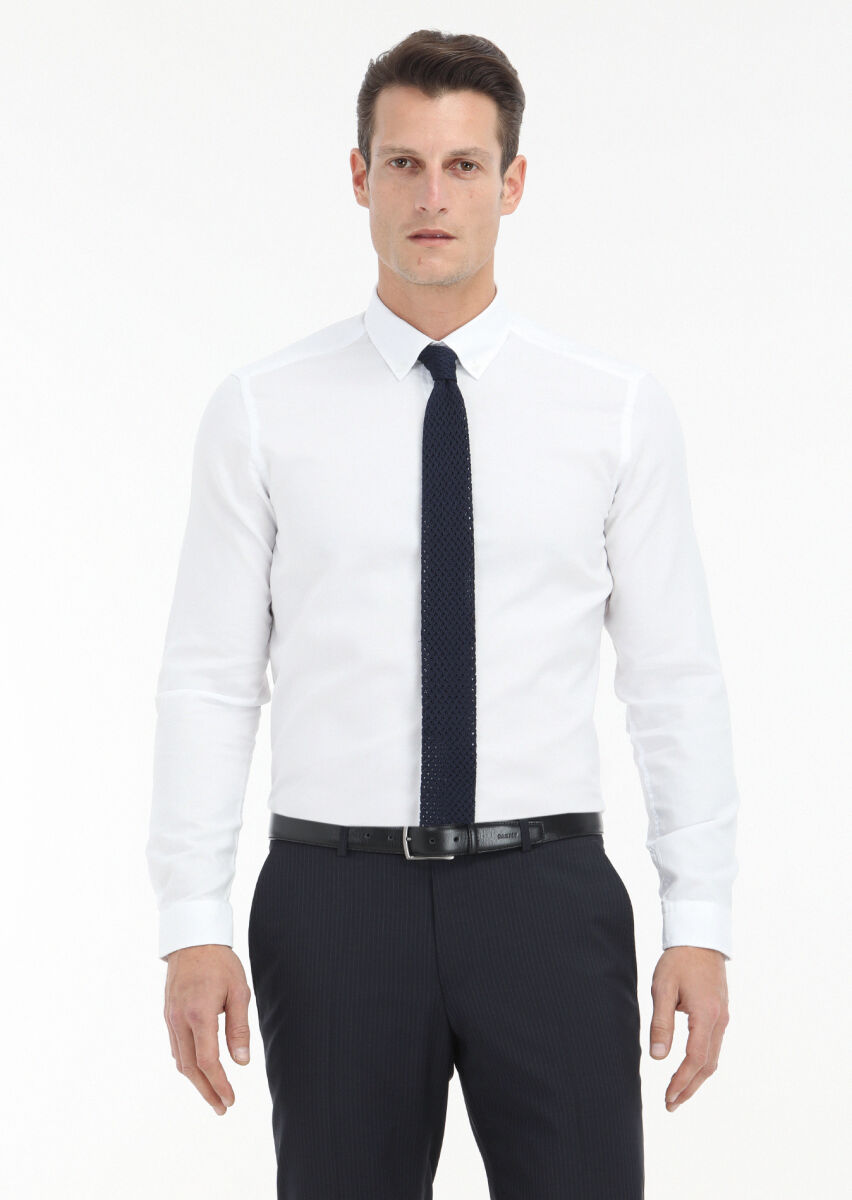 White Plain Slim Fit Long Weaving Casual 100% Cotton Shirt - 2