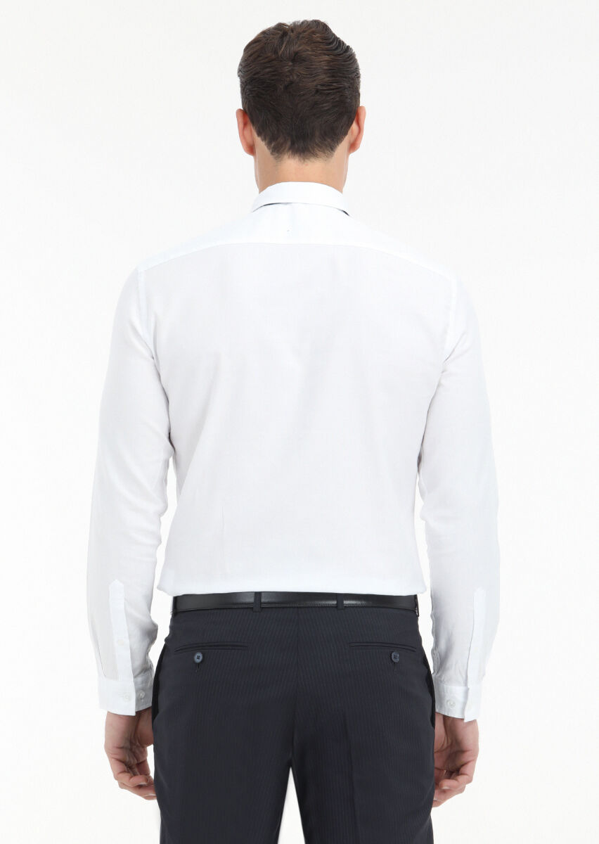 White Plain Slim Fit Long Weaving Casual 100% Cotton Shirt - 4